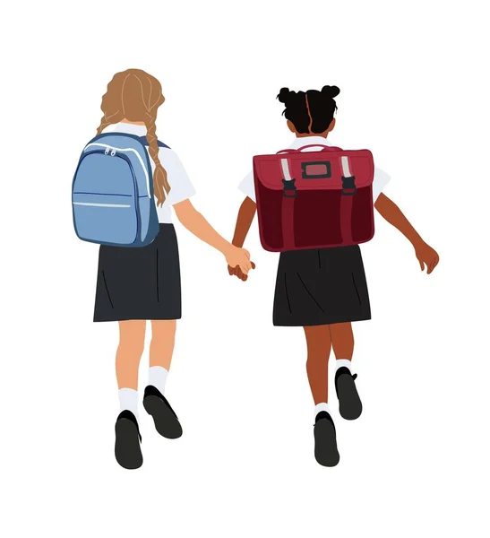Two Cute School Girls Going Elementary Primary School Vector Illustration — Stock Vector