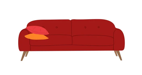 有橙色枕头的时髦舒适的红色沙发 世纪中叶现代家具 室内装饰 雅致的沙发 迪凡丑闻的设计 在白色背景上孤立的矢量平面插图 — 图库矢量图片