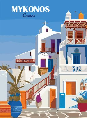 Mykonos, Yunanistan Seyahat Varış Yeri Posteri. Avrupa yaz tatili, uluslararası tatil kavramı. Vintage vektör renkli sanat illüstrasyonuName.