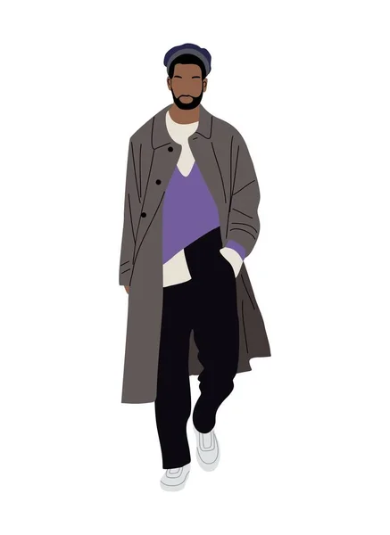 Modern Sokak Tarzı Sonbahar Kıyafetleri Giyen Siyahi Bir Adam Yürüyor — Stok Vektör