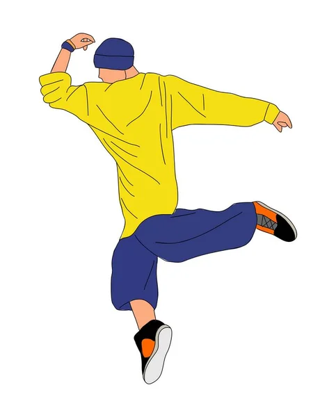 青少年男子舞蹈家嘻哈 霹雳轮廓矢量绘图孤立在白色背景 清凉的男孩穿着鲜艳的衣服在街上跳舞 韩裔日本人漫画风格 — 图库矢量图片