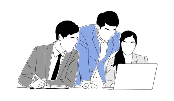 Mitglieder Des Business Teams Arbeiten Laptop Zusammen Junge Geschäftsleute Diskutieren — Stockvektor