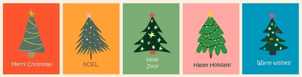 Set Weihnachtskarten Mit Einfachen Abstrakten Weihnachtsbaum Illustrationen Moderne Cartoon Weihnachtskarten — Stockvektor