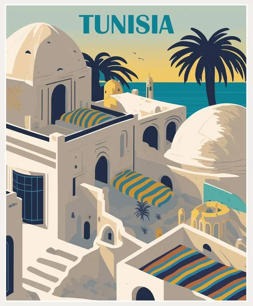 Tunisia Travel Destination Poster Ρετρό Στυλ Εξωτικές Καλοκαιρινές Διακοπές Έννοια — Διανυσματικό Αρχείο