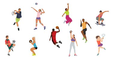 Çeşitli spor aktiviteleri yapan farklı erkek ve kadınların toplanması, basketbol, voleybol, tenis, futbol, futbol. Beyaz arkaplanda izole edilmiş vektör gerçekçi çizimler.