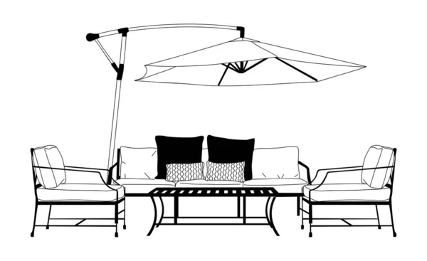 パティオ家具セット ポーチゾーン 庭の内部要素 アームチェア テーブル ソファー 手描きラインアートベクターイラスト 白い背景に隔離された黒インクスケッチ — ストックベクタ