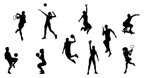 Çeşitli Spor Aktiviteleri Yapan Basketbol Voleybol Tenis Futbol Oynayan Farklı — Stok Vektör