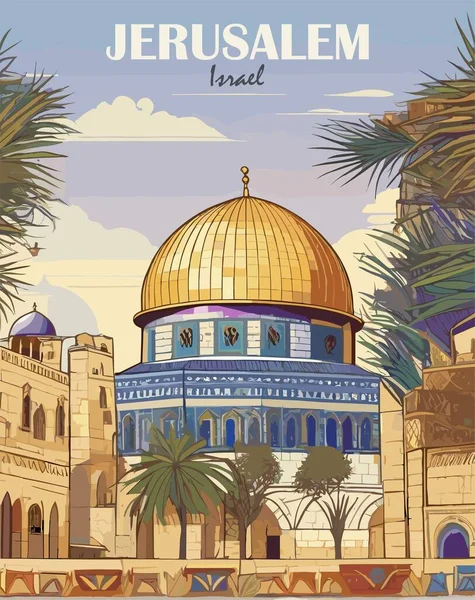 Jeruzsálem Izrael Travel Destination Poster Retro Style Nemzetközi Nyári Vakáció — Stock Vector