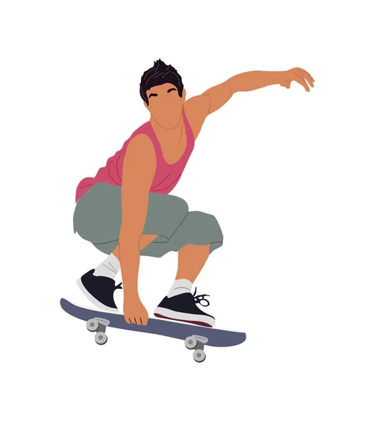 スケートボードでジャンプする現代の少年スケーター スケートボードの若者 アーバンストリート アウトドア活動 白い背景に隔離されたアクティブなティーンエイジャー乗馬ロングボードのベクトル現実的なイラスト — ストックベクタ