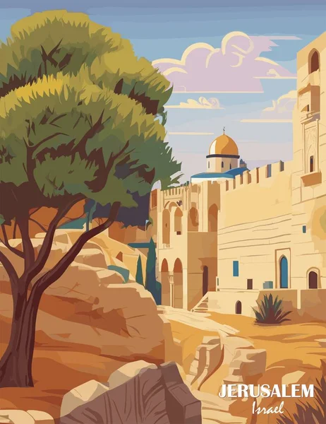 耶路撒冷 以色列旅游目的地海报复古风格 数码艺术印刷品 国际旅行 度假的概念 古埃及矢量彩色插图 — 图库矢量图片