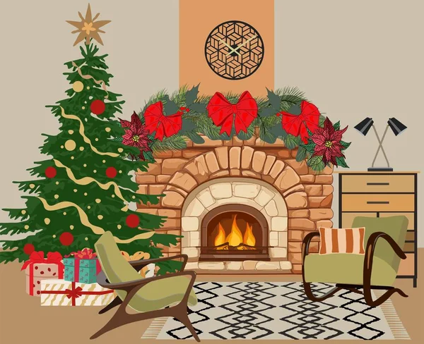 Wohnzimmer Dekoriert Für Weihnachten Neujahr Mit Tanne Geschenkboxen Kamin Girlanden — Stockvektor