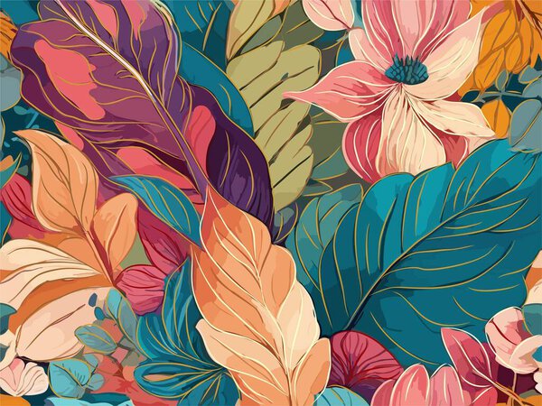Fondo Abstracto Arte Floral Fantasía Con Hojas Flores Exóticas Elegante — Vector de stock