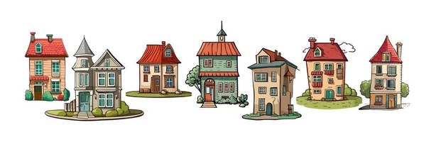 一套可爱的卡通屋 老式风格的城市建筑 古色古香的古城 家居装饰 复古建筑 城市设计元素的收集 在白色背景上孤立的平面矢量图 — 图库矢量图片