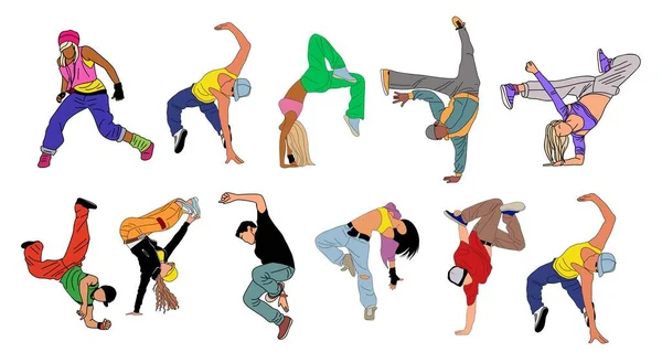 Breakdance Dansçıları Genç Havalı Kız Oğlan Sokak Dansı Yapıyor Modern — Stok Vektör