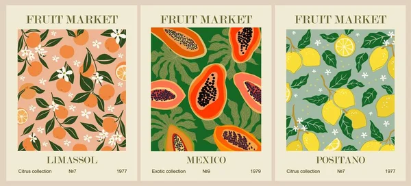 Soyut Fruit Market retro posterleri. Limonlu, portakallı, papaya meyveli moda mutfak galerisi. Modern naif, modaya uygun iç dekorasyon, tablolar. Vektör sanatı illüstrasyonu.