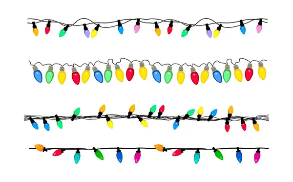 Ensemble Lumières Noël Bordure Ampoules Multicolores Sur Brin Motif Horizontal — Image vectorielle