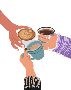 Çay ve kahve fincanlarının şerefine. Sıcak içeceklerle bardakları olan kadın eller. Çeşitli arkadaşlar bayramı kutluyor, ellerinde çay fincanları var. Düz renkli vektör çizimi beyaz arkaplanda izole edildi.