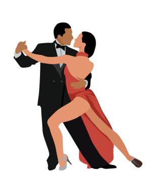 Dans eden çift, Dansçı Bachata, Salsa, Flamenko, Tango, Latin Dansı. Dans eden kadın ve erkek. Beyaz arkaplanda izole edilmiş çizgi film biçimi vektör gerçekçi illüstrasyon.