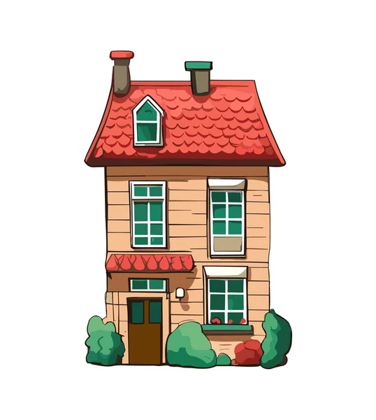 小巧的乡村或小城镇的房子 窗和阁楼 外面有烟囱 卡通城建筑采用老式风格 在白色背景上孤立的彩色矢量图 — 图库矢量图片