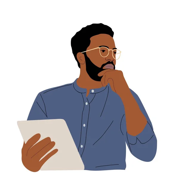 黑人思考商业问题 有思想的人拿着数码平板电脑 困惑的非洲裔美国人沉思 在白色背景上孤立的卡通矢量图解 — 图库矢量图片