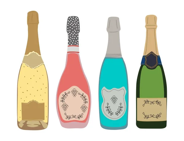 Set Aus Verschiedenen Champagnerflaschen Prosecco Brut Rose Blauer Sekt Feiern — Stockvektor
