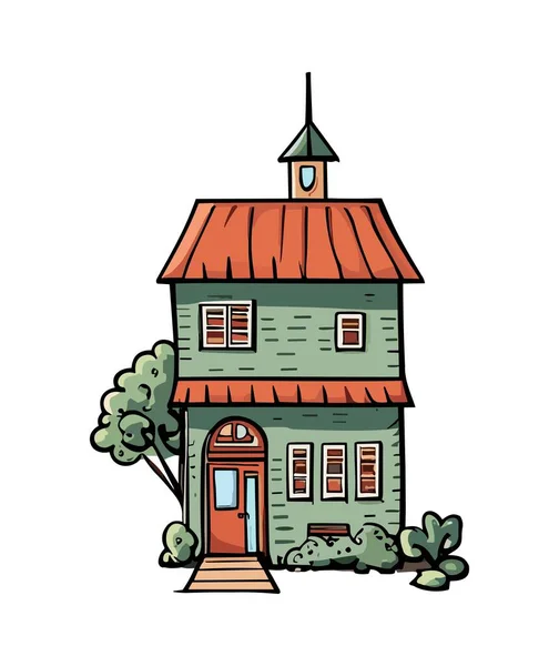 小巧的乡村或小城镇的房子 窗和阁楼 外面有烟囱 卡通城建筑采用老式风格 在白色背景上孤立的彩色矢量图 — 图库矢量图片