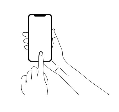 El ele tutuşarak resim çizimi çizdim. Parmaklar akıllı telefon ekranına dokunuyor, uygulamayı kullanıyor. Boş ekran, telefon modeli. Beyaz arkaplanda siyah simge izole edildi.