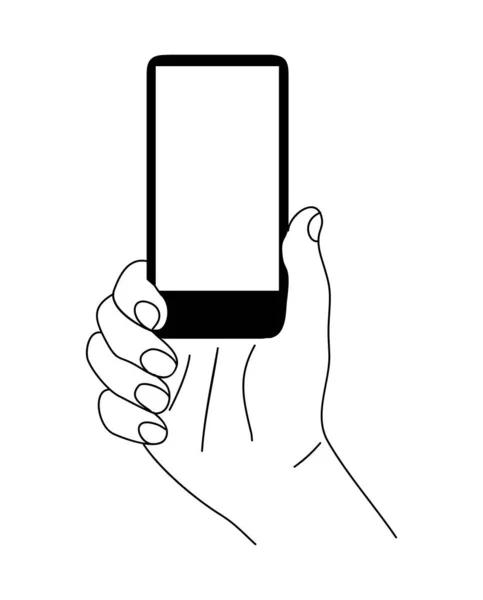 手持手机手绘线条艺术图解 手指触摸智能手机屏幕 使用应用程序 空屏幕 电话模拟 白色背景上孤立的黑色图标 — 图库矢量图片