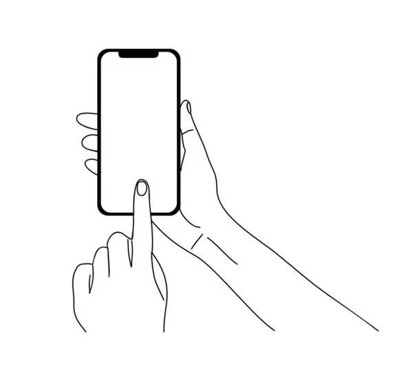 Ruce Držící Mobilní Telefon Ručně Kreslené Čáry Ilustrace Prsty Dotýkají — Stockový vektor