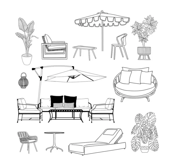 Set Muebles Patio Exterior Zona Porche Jardín Patio Interior Elementos — Vector de stock