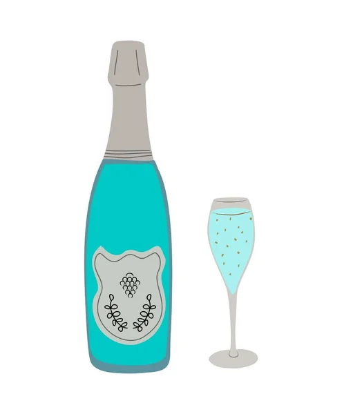 Champagnerflasche Mit Glas Vorhanden Prosecco Brut Blauer Sekt Feiern Sie — Stockvektor