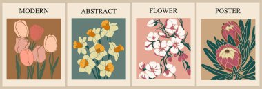 Set of abstract flower posters. Trendy botanical wall arts with floral design in earth tone colors. Modern naive groovy funky interior decorations, paintings. Vector art illustration.