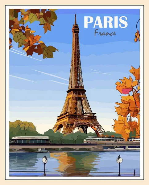 Paris Reiseziel Plakate Mit Eifelturm Fluss Und Herbstbäumen Und Blättern — Stockvektor