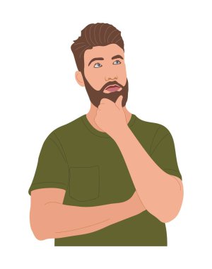 Düşünen adam. Kafası karışmış genç iş adamı. Kafası karışmış, düşünceli, düşünceli biri. Çizgi film vektörü erkek karakter portresi beyaz arkaplanda izole edildi.