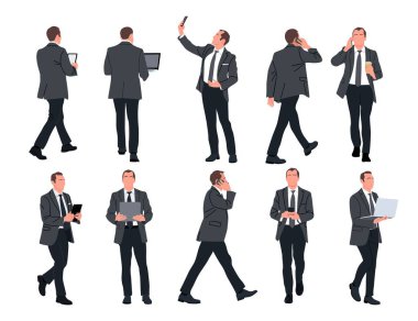 Farklı pozlardaki iş adamı karakteri. Resmi takım elbise giyen yakışıklı adam ayakta, yürüyor, telefon kullanıyor, dizüstü bilgisayar, ön, arka, yan görüş. Beyaz arkaplanda vektör gerçekçi illüstrasyon.