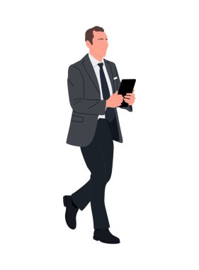 Dijital tabletle yürüyen iş adamı karakteri. Resmi takım elbise giyen yakışıklı bir adam. Beyaz arkaplanda izole edilmiş vektör gerçekçi illüstrasyon.