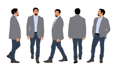 Farklı pozlarda bir dizi iş adamı karakteri. Yakışıklı, sakallı, şık giyinen, ayakta, yürüyen, önden, arkadan, yandan bakan bir adam. Beyaz arkaplanda izole edilmiş vektör gerçekçi çizimler.