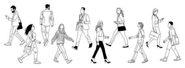 Conjunto Diferentes Personas Caminando Dibujo Arte Línea Grupo Gente Negocios — Vector de stock
