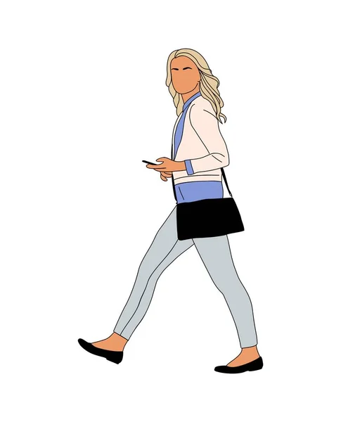 Bizneswoman Chodząca Boku Ładna Blondynka Eleganckim Stroju Biurowym Telefonem Torbą — Wektor stockowy