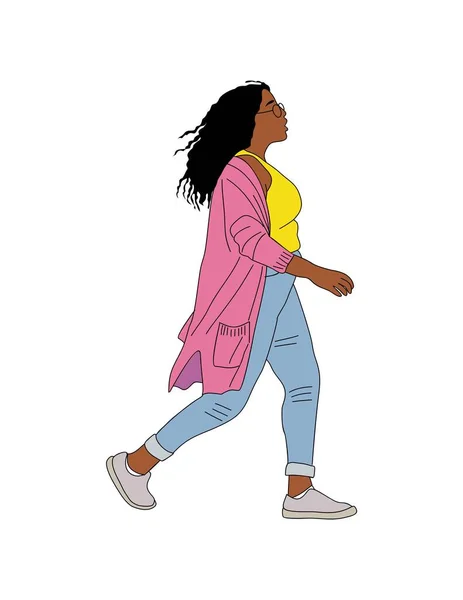 Young Black Woman Walking Side View Pretty African American Girl — Stock Vector