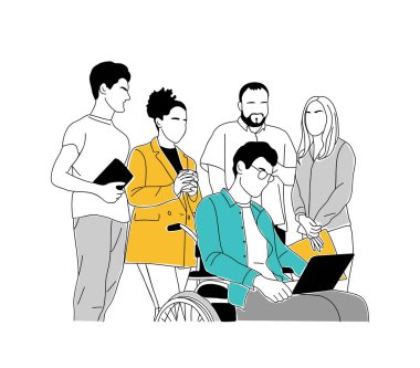 Özel iş konsepti illüstrasyonu. Tekerlekli sandalyede engelli bir adamla birlikte çalışan genç erkekler ve kadınlar. Grafik için vektör çizimi, beyaz arkaplanda izole edilmiş web tasarımı.