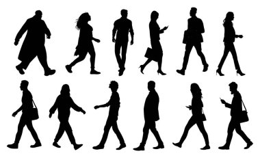 İş adamlarının siluetleri yürüyor, erkekler ve kadınlar tam boy önde, yanda, arkada. Vektör illüstrasyonu beyaz arkaplanda siyah izole edildi. Avatar, web sitesi simgeleri.