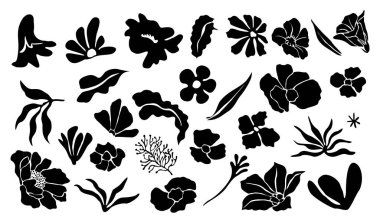 Soyut yapraklardan ve çiçeklerden oluşan siyah siluetler. Vahşi ve bahçe çiçekleri. Beyaz arkaplanda izole edilmiş Vektör Siyah çizim çizimleri.
