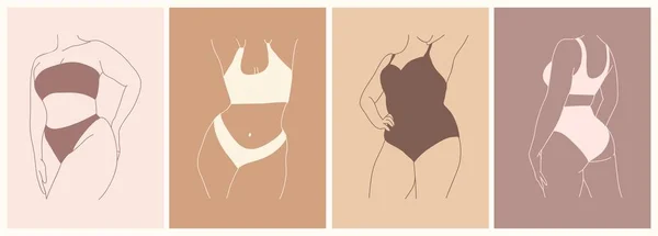 Zeilenkunst Vektorillustrationen Kurviger Frauen Unterwäsche Size Mädchen Bikini Body Positive — Stockvektor