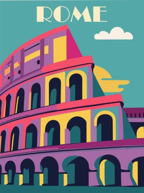 Roma, İtalya Seyahat Varış Yeri Posteri. Bauhaus tarzı Colosseum binası. Moda çağdaş duvar sanat eseri baskısı. Turizm, seyahat, tatil konsepti. Vektör renkli illüstrasyon.