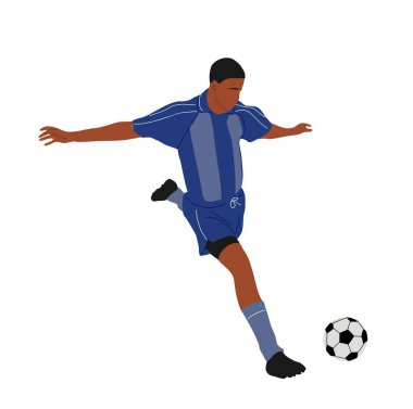 Siyah futbolcu, futbol oynayan sporcu adam. Beyaz arka planda Afrikalı Amerikan Erkek Çizgi Filmi karakteri izole edilmiş vektör çizimi. Spor yapan adam. 