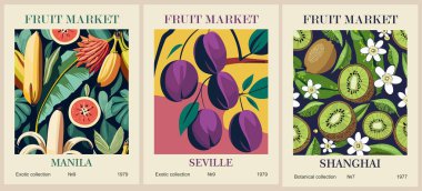Soyut Fruit Market retro posterleri. Muz, erik, kivi meyveli modern duvar sanatları. Modern iç dekorasyonlar, tablolar, mutfak duvarı resimleri. Vektör illüstrasyonu. 