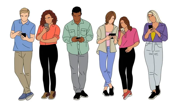 Diversos Jóvenes Sosteniendo Utilizando Teléfonos Móviles Conjunto Personajes Con Smartphones — Vector de stock