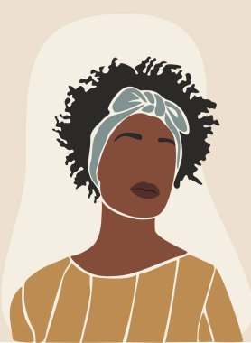 Soyut Siyah Kadın Boho Posteri. Modern Kadın Baskısı, Boho Kız Duvar Sanatı Dekorasyonu, Klasik Orta Çağ tasarımı, Avatar. Afro-Amerikan kadın portresi. Dünyevi Tonlarda Vektör illüstrasyonu.