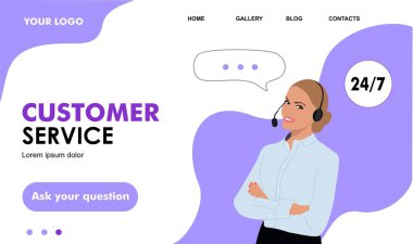 Müşteri desteğinin iniş sayfası şablonu. Kulaklıklı ve mikrofonlu bir kadın. Destek, yardım, çağrı merkezi kavramları. Banner, web sayfası, uygulama. Düz vektör illüstrasyonu.